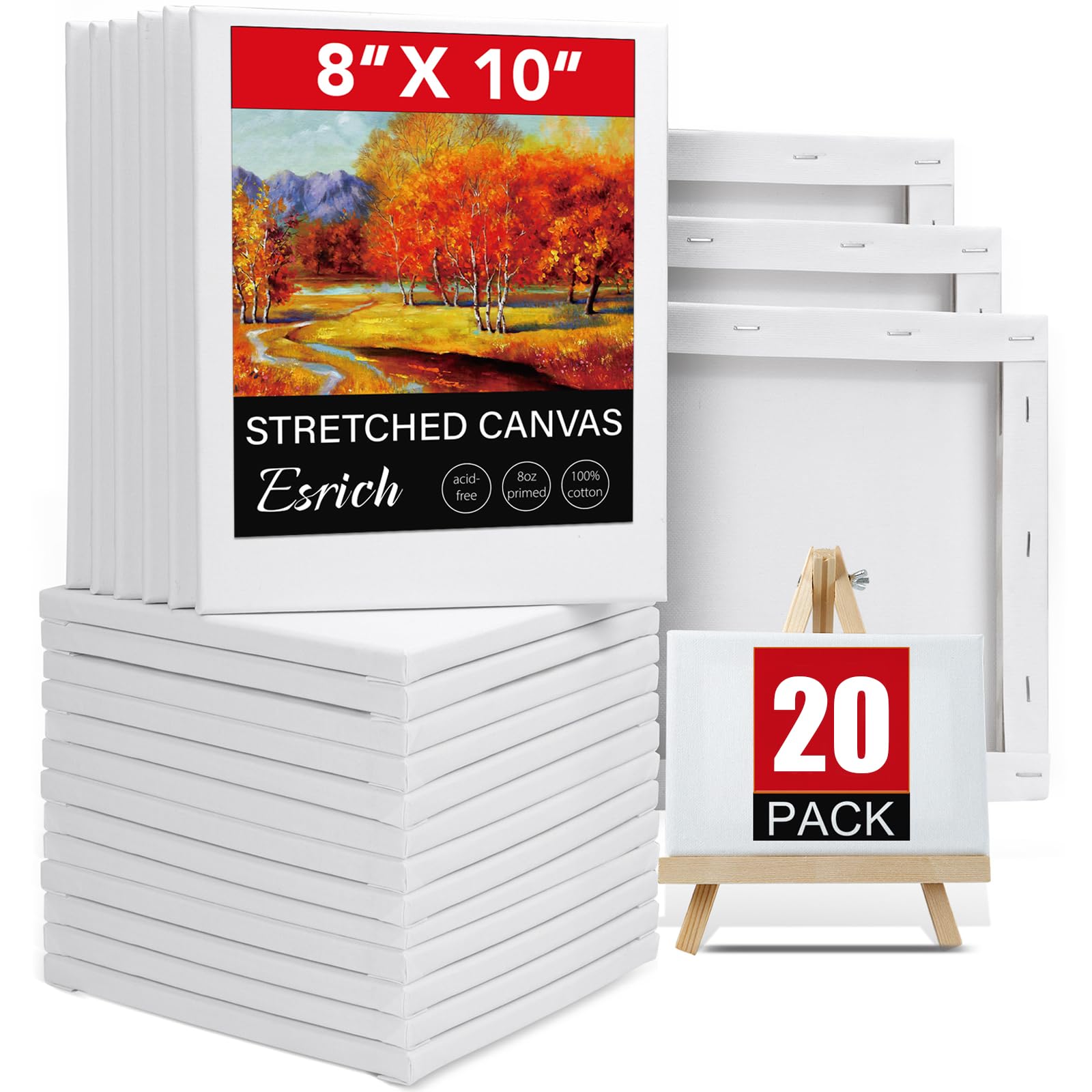 ESRICH 20 Pack 8x10 Inch Stretched Canvases for Oil & Acrylic